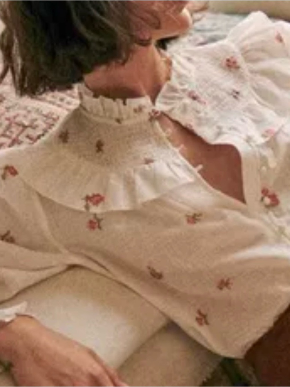 Sezane Donna Embroidered Ruffle-Neck Blouse